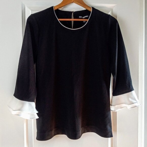 Karl Lagerfeld Black White Ruffle Sleeve Blouse - Picture 1 of 5